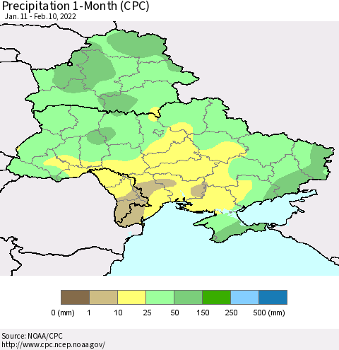 Ukraine, Moldova and Belarus Precipitation 1-Month (CPC) Thematic Map For 1/11/2022 - 2/10/2022