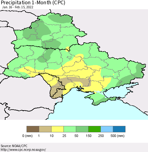 Ukraine, Moldova and Belarus Precipitation 1-Month (CPC) Thematic Map For 1/16/2022 - 2/15/2022