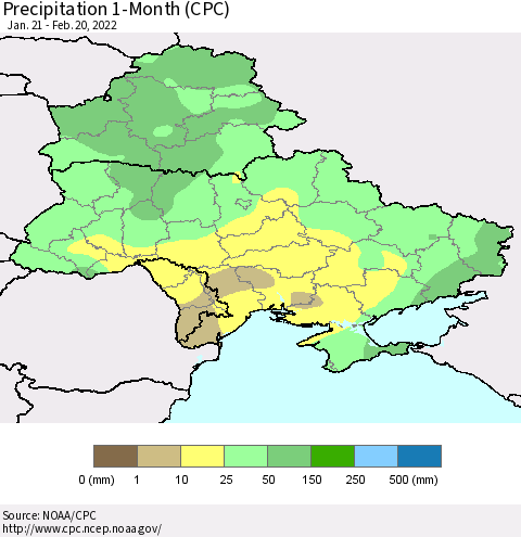 Ukraine, Moldova and Belarus Precipitation 1-Month (CPC) Thematic Map For 1/21/2022 - 2/20/2022