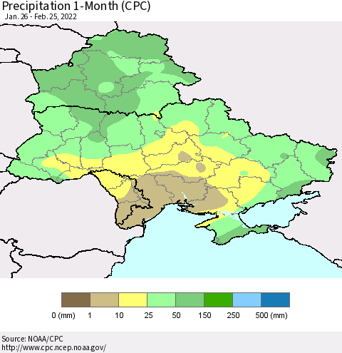 Ukraine, Moldova and Belarus Precipitation 1-Month (CPC) Thematic Map For 1/26/2022 - 2/25/2022