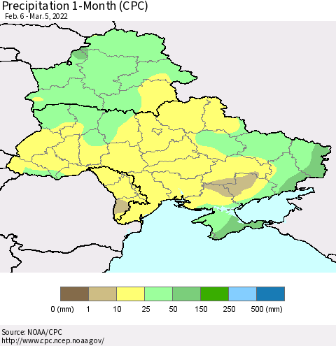 Ukraine, Moldova and Belarus Precipitation 1-Month (CPC) Thematic Map For 2/6/2022 - 3/5/2022