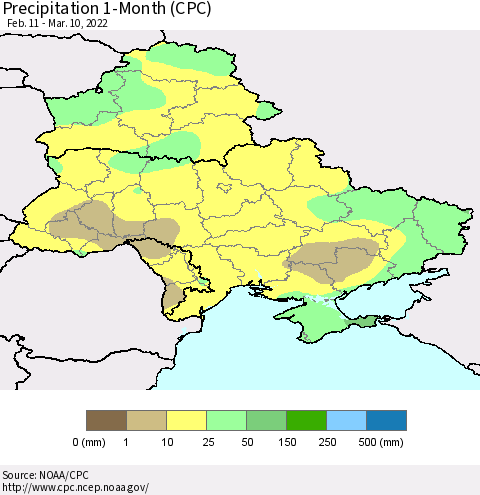Ukraine, Moldova and Belarus Precipitation 1-Month (CPC) Thematic Map For 2/11/2022 - 3/10/2022