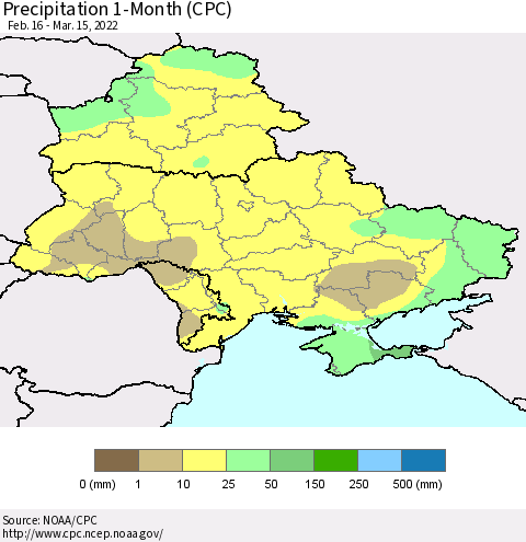 Ukraine, Moldova and Belarus Precipitation 1-Month (CPC) Thematic Map For 2/16/2022 - 3/15/2022