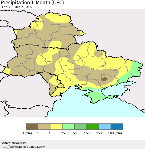 Ukraine, Moldova and Belarus Precipitation 1-Month (CPC) Thematic Map For 2/21/2022 - 3/20/2022