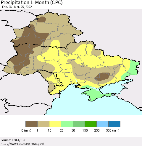 Ukraine, Moldova and Belarus Precipitation 1-Month (CPC) Thematic Map For 2/26/2022 - 3/25/2022