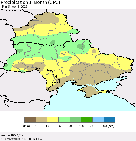 Ukraine, Moldova and Belarus Precipitation 1-Month (CPC) Thematic Map For 3/6/2022 - 4/5/2022