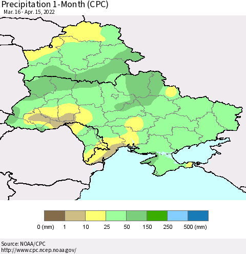 Ukraine, Moldova and Belarus Precipitation 1-Month (CPC) Thematic Map For 3/16/2022 - 4/15/2022