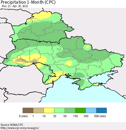 Ukraine, Moldova and Belarus Precipitation 1-Month (CPC) Thematic Map For 3/21/2022 - 4/20/2022