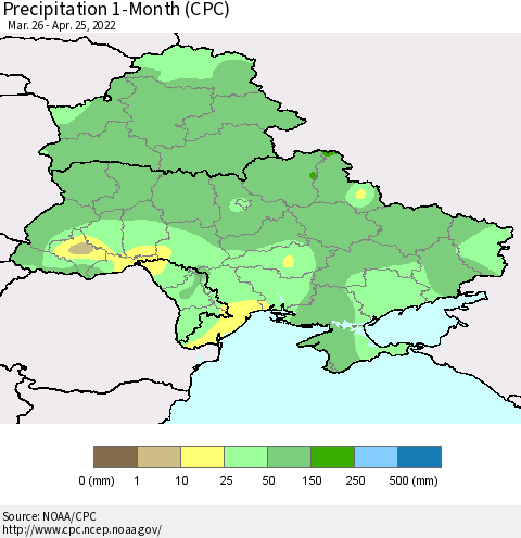 Ukraine, Moldova and Belarus Precipitation 1-Month (CPC) Thematic Map For 3/26/2022 - 4/25/2022