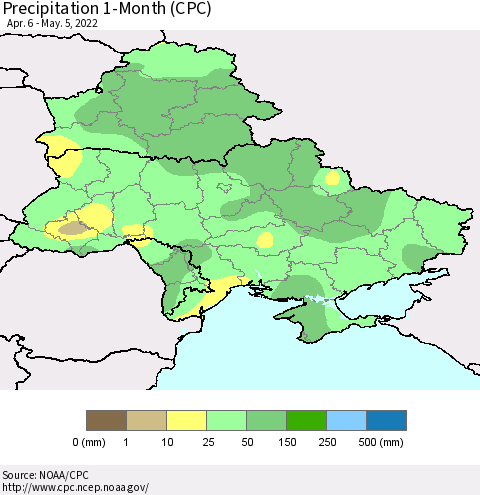 Ukraine, Moldova and Belarus Precipitation 1-Month (CPC) Thematic Map For 4/6/2022 - 5/5/2022