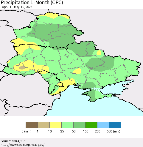 Ukraine, Moldova and Belarus Precipitation 1-Month (CPC) Thematic Map For 4/11/2022 - 5/10/2022