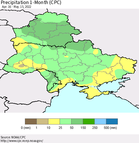 Ukraine, Moldova and Belarus Precipitation 1-Month (CPC) Thematic Map For 4/16/2022 - 5/15/2022