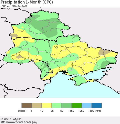 Ukraine, Moldova and Belarus Precipitation 1-Month (CPC) Thematic Map For 4/21/2022 - 5/20/2022
