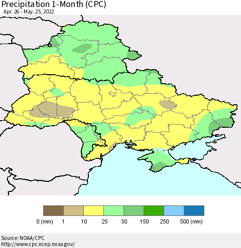 Ukraine, Moldova and Belarus Precipitation 1-Month (CPC) Thematic Map For 4/26/2022 - 5/25/2022