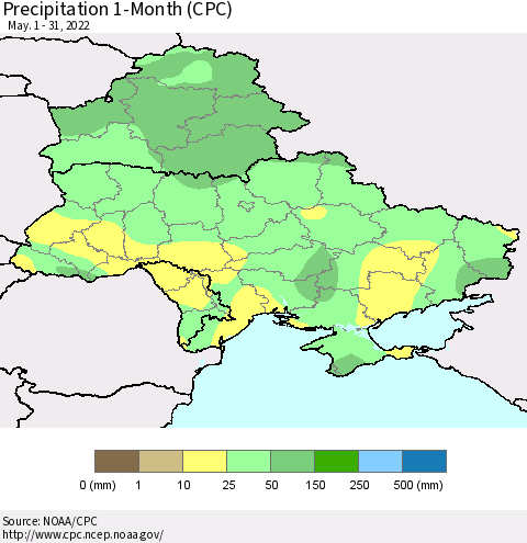 Ukraine, Moldova and Belarus Precipitation 1-Month (CPC) Thematic Map For 5/1/2022 - 5/31/2022
