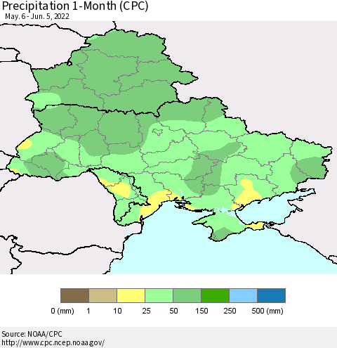Ukraine, Moldova and Belarus Precipitation 1-Month (CPC) Thematic Map For 5/6/2022 - 6/5/2022