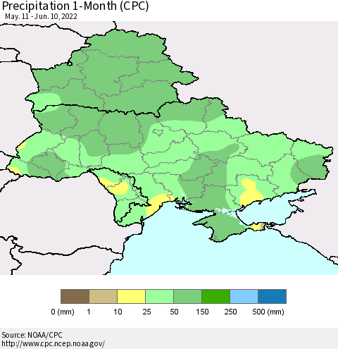 Ukraine, Moldova and Belarus Precipitation 1-Month (CPC) Thematic Map For 5/11/2022 - 6/10/2022