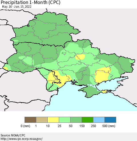 Ukraine, Moldova and Belarus Precipitation 1-Month (CPC) Thematic Map For 5/16/2022 - 6/15/2022