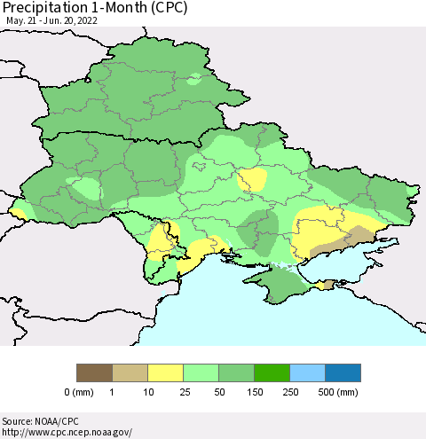 Ukraine, Moldova and Belarus Precipitation 1-Month (CPC) Thematic Map For 5/21/2022 - 6/20/2022
