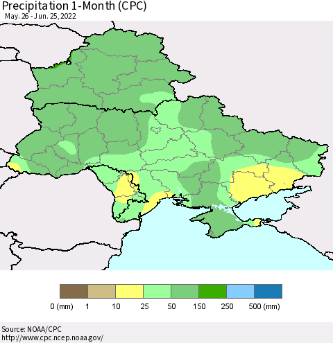 Ukraine, Moldova and Belarus Precipitation 1-Month (CPC) Thematic Map For 5/26/2022 - 6/25/2022