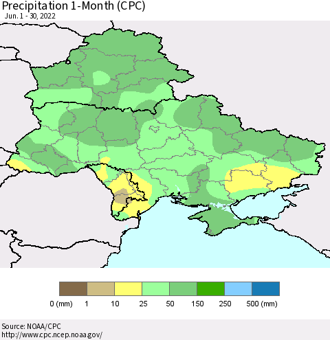 Ukraine, Moldova and Belarus Precipitation 1-Month (CPC) Thematic Map For 6/1/2022 - 6/30/2022