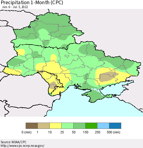 Ukraine, Moldova and Belarus Precipitation 1-Month (CPC) Thematic Map For 6/6/2022 - 7/5/2022