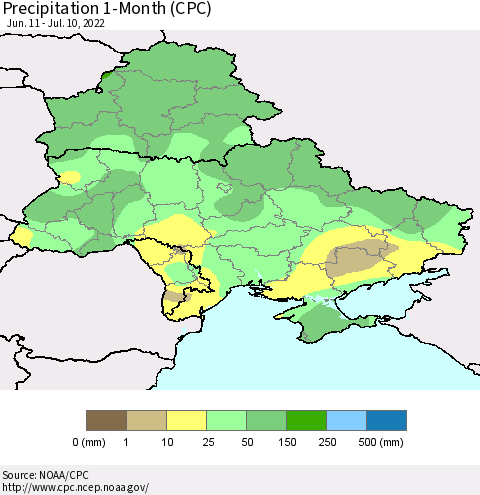 Ukraine, Moldova and Belarus Precipitation 1-Month (CPC) Thematic Map For 6/11/2022 - 7/10/2022