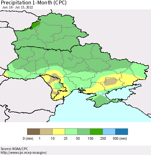Ukraine, Moldova and Belarus Precipitation 1-Month (CPC) Thematic Map For 6/16/2022 - 7/15/2022