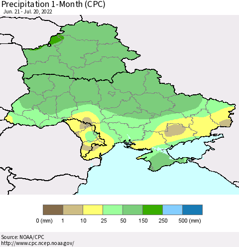 Ukraine, Moldova and Belarus Precipitation 1-Month (CPC) Thematic Map For 6/21/2022 - 7/20/2022