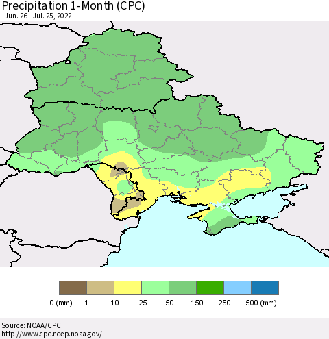 Ukraine, Moldova and Belarus Precipitation 1-Month (CPC) Thematic Map For 6/26/2022 - 7/25/2022