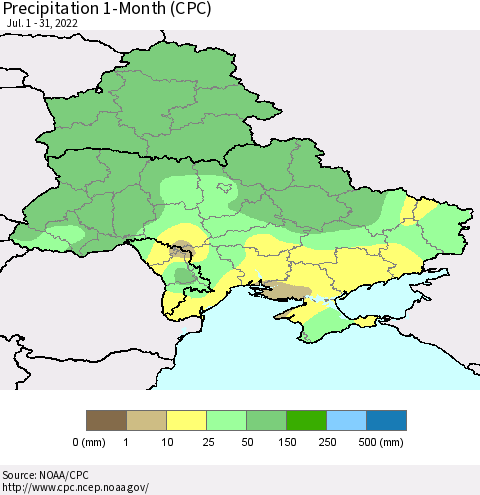 Ukraine, Moldova and Belarus Precipitation 1-Month (CPC) Thematic Map For 7/1/2022 - 7/31/2022