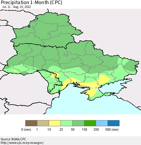 Ukraine, Moldova and Belarus Precipitation 1-Month (CPC) Thematic Map For 7/11/2022 - 8/10/2022