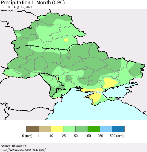 Ukraine, Moldova and Belarus Precipitation 1-Month (CPC) Thematic Map For 7/16/2022 - 8/15/2022