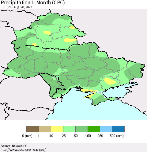 Ukraine, Moldova and Belarus Precipitation 1-Month (CPC) Thematic Map For 7/21/2022 - 8/20/2022