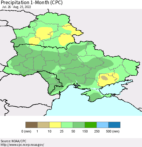 Ukraine, Moldova and Belarus Precipitation 1-Month (CPC) Thematic Map For 7/26/2022 - 8/25/2022