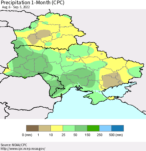 Ukraine, Moldova and Belarus Precipitation 1-Month (CPC) Thematic Map For 8/6/2022 - 9/5/2022