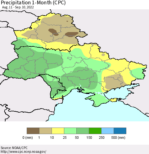 Ukraine, Moldova and Belarus Precipitation 1-Month (CPC) Thematic Map For 8/11/2022 - 9/10/2022