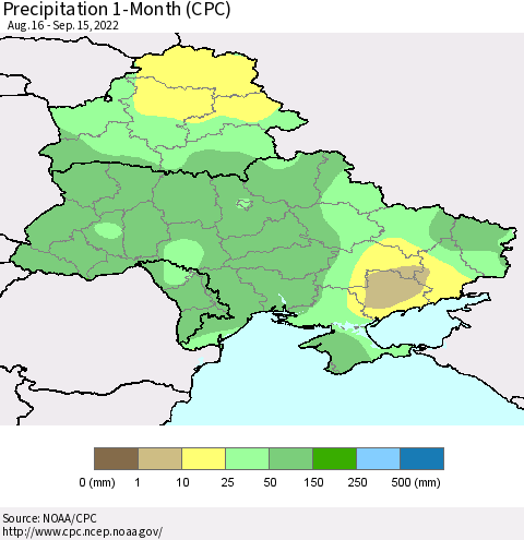 Ukraine, Moldova and Belarus Precipitation 1-Month (CPC) Thematic Map For 8/16/2022 - 9/15/2022