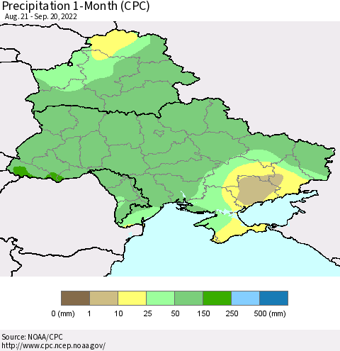 Ukraine, Moldova and Belarus Precipitation 1-Month (CPC) Thematic Map For 8/21/2022 - 9/20/2022