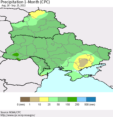 Ukraine, Moldova and Belarus Precipitation 1-Month (CPC) Thematic Map For 8/26/2022 - 9/25/2022