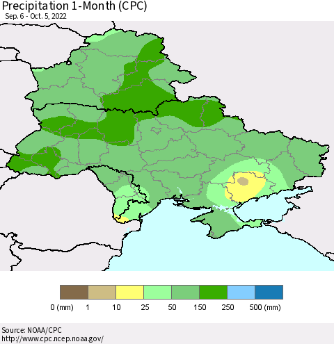 Ukraine, Moldova and Belarus Precipitation 1-Month (CPC) Thematic Map For 9/6/2022 - 10/5/2022