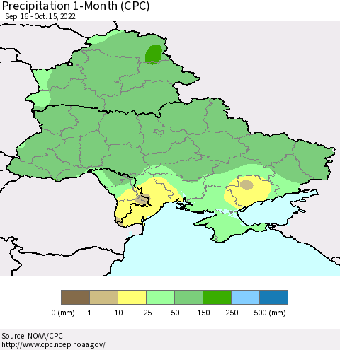Ukraine, Moldova and Belarus Precipitation 1-Month (CPC) Thematic Map For 9/16/2022 - 10/15/2022