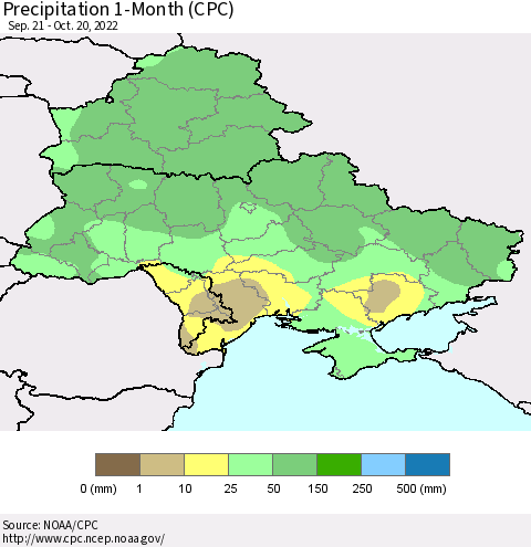 Ukraine, Moldova and Belarus Precipitation 1-Month (CPC) Thematic Map For 9/21/2022 - 10/20/2022