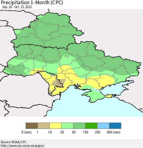 Ukraine, Moldova and Belarus Precipitation 1-Month (CPC) Thematic Map For 9/26/2022 - 10/25/2022