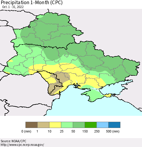 Ukraine, Moldova and Belarus Precipitation 1-Month (CPC) Thematic Map For 10/1/2022 - 10/31/2022
