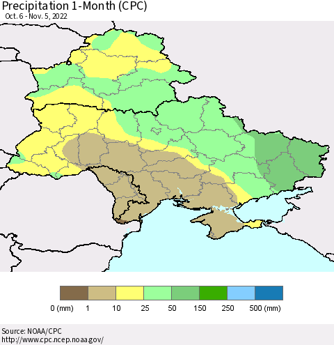 Ukraine, Moldova and Belarus Precipitation 1-Month (CPC) Thematic Map For 10/6/2022 - 11/5/2022