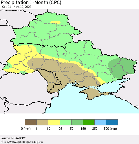 Ukraine, Moldova and Belarus Precipitation 1-Month (CPC) Thematic Map For 10/11/2022 - 11/10/2022