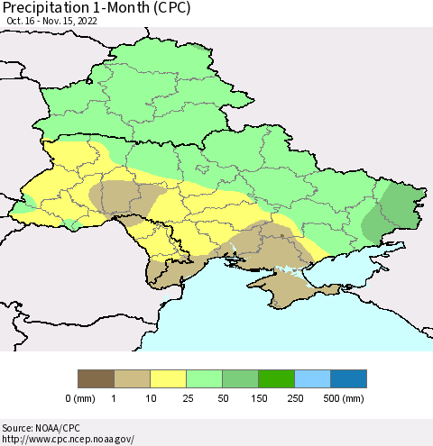 Ukraine, Moldova and Belarus Precipitation 1-Month (CPC) Thematic Map For 10/16/2022 - 11/15/2022