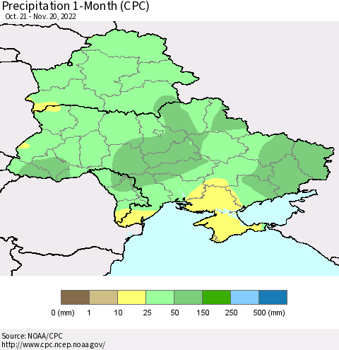 Ukraine, Moldova and Belarus Precipitation 1-Month (CPC) Thematic Map For 10/21/2022 - 11/20/2022