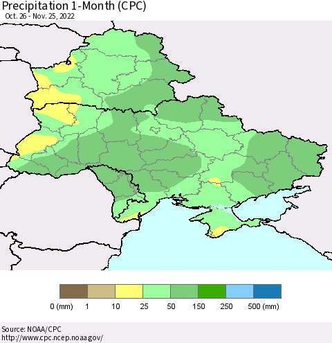 Ukraine, Moldova and Belarus Precipitation 1-Month (CPC) Thematic Map For 10/26/2022 - 11/25/2022